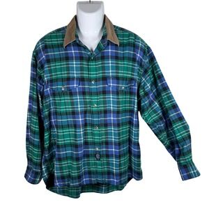 Allen Lolly Plaid Flannel Button Up Shirt‎ Mens XL Green Blue Corduroy Trim Vtg
